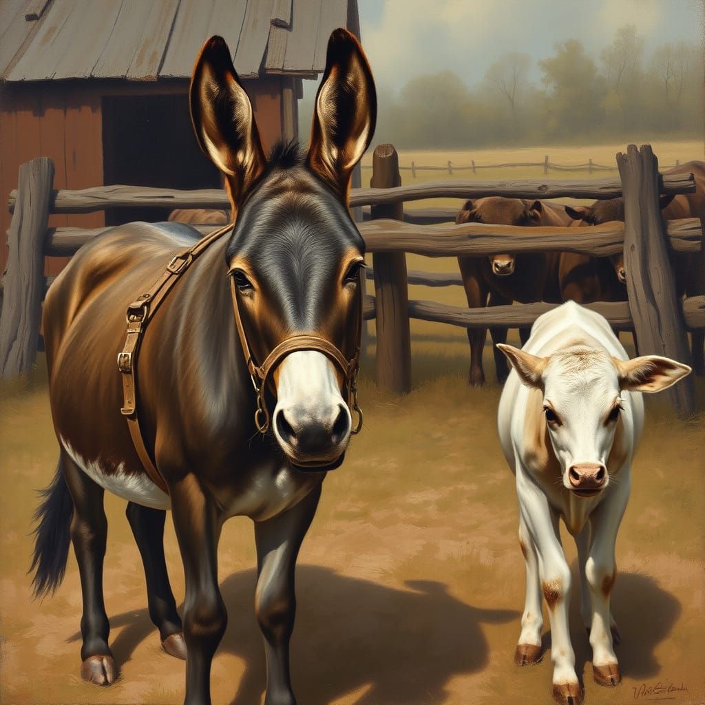 Farm Donkey and Calf in Regionalist Style