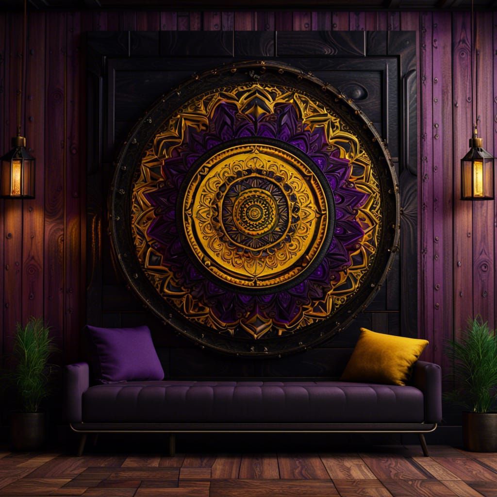 Intricate Mandala Matte Painting in Black, Purple, and Yello...
