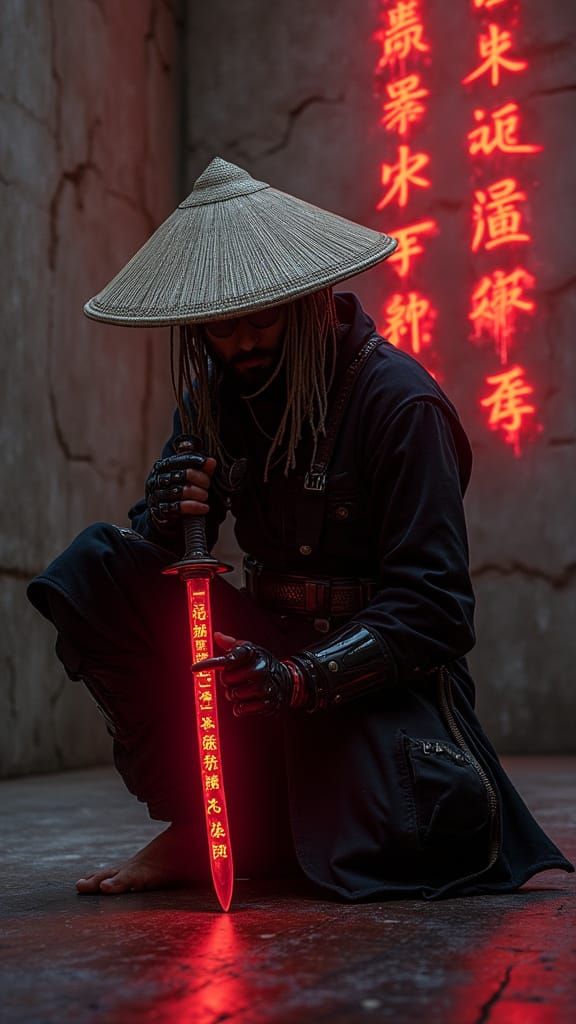 Cyberpunk Warrior in Shadowy Dystopian Chamber