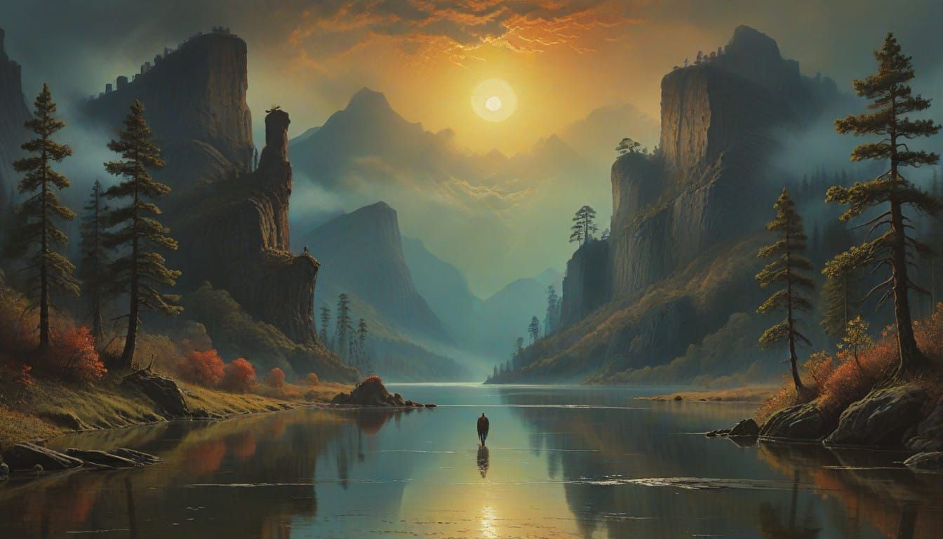 Serene Hudson River School Landscape in Gouache Style