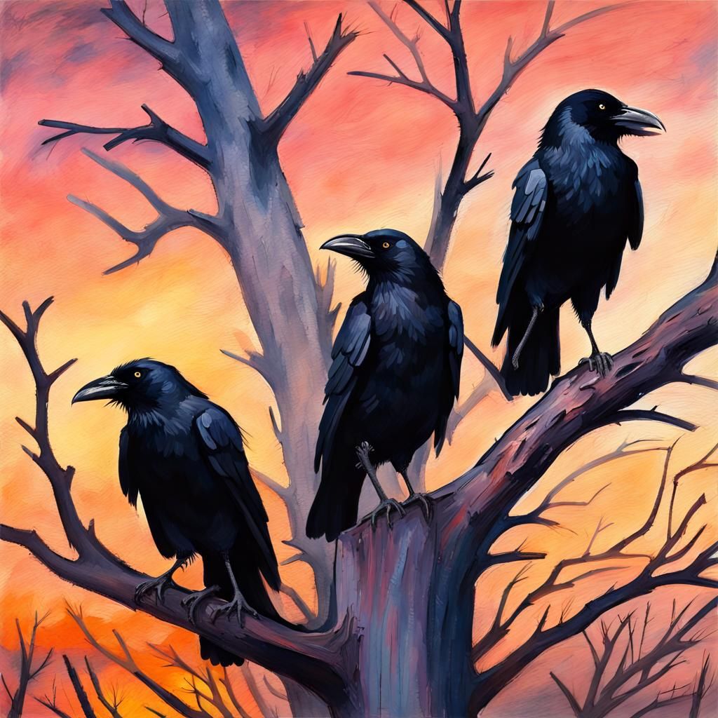 Crows Roosting in Dead Tree: Impressionist Gouache Painting