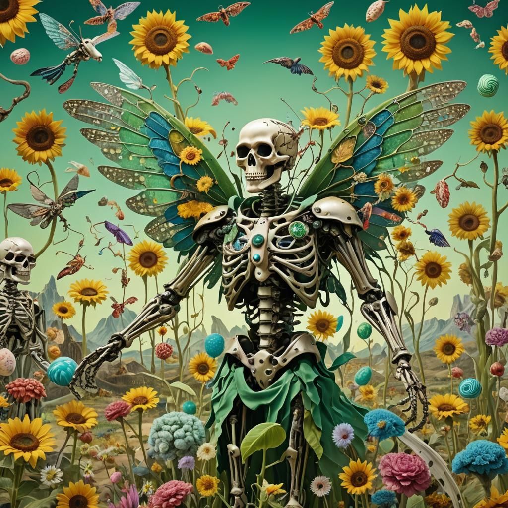 Surreal Candy & Bone Landscape with Cyborgs and Winged Skele...