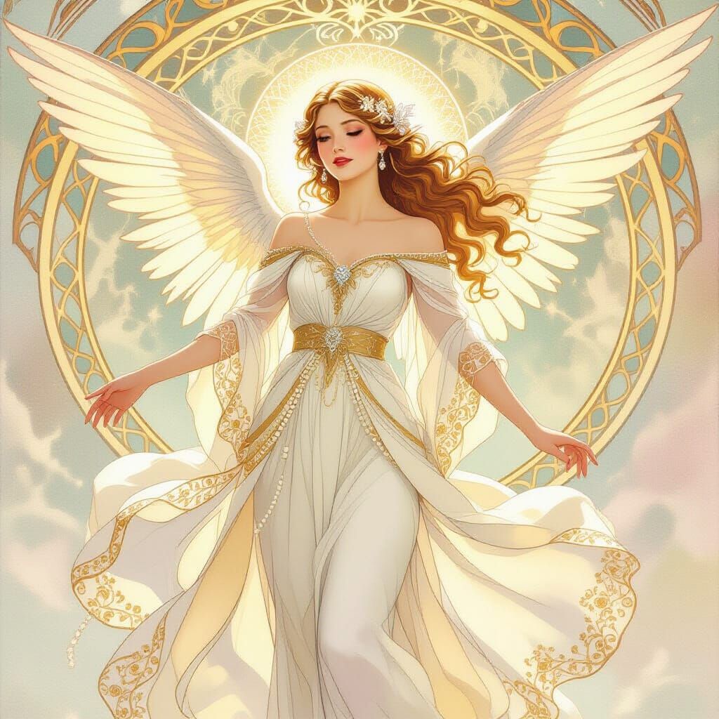Ethereal Angel in Gold and White, Art Nouveau Style
