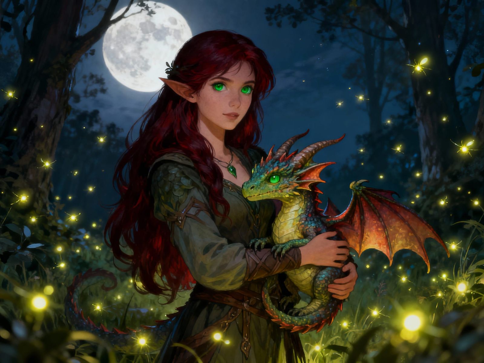 Druid Woman Cuddles Dragon Under Full Moon