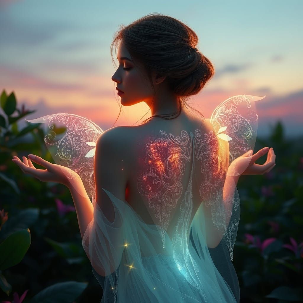 Ethereal Goddess Surrounded by Vibrant Foliage in Dreamlike...