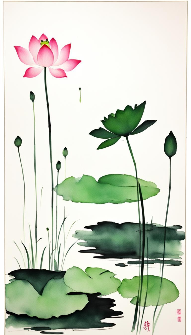 Minimalist Chinese Ink Painting of Lotus Flowers