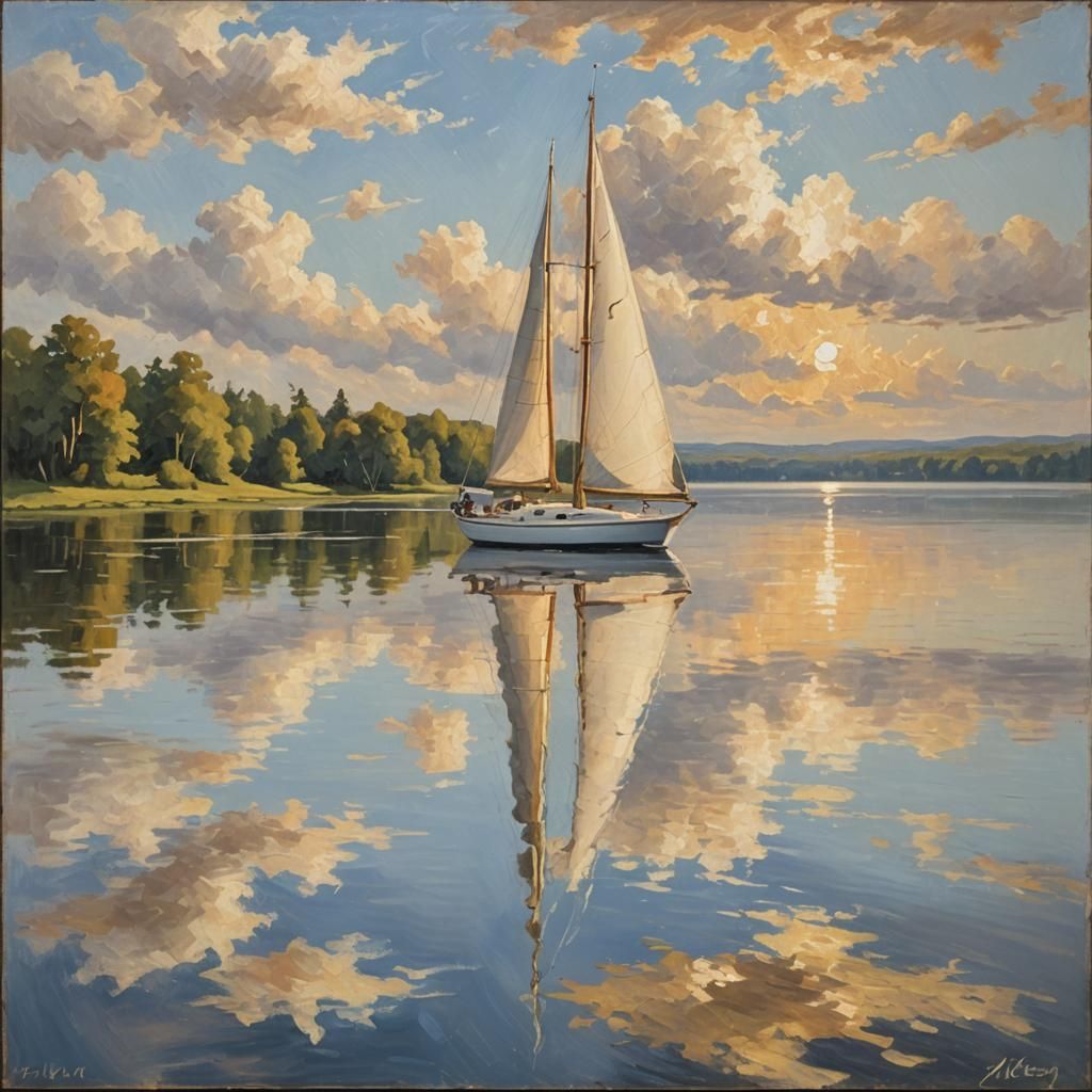 Impressionist Sailboat on Serene Lake: Oil Painting