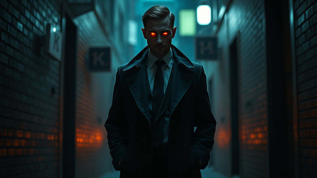 Sinister Salesperson in Alleyway with Glowing Eyes