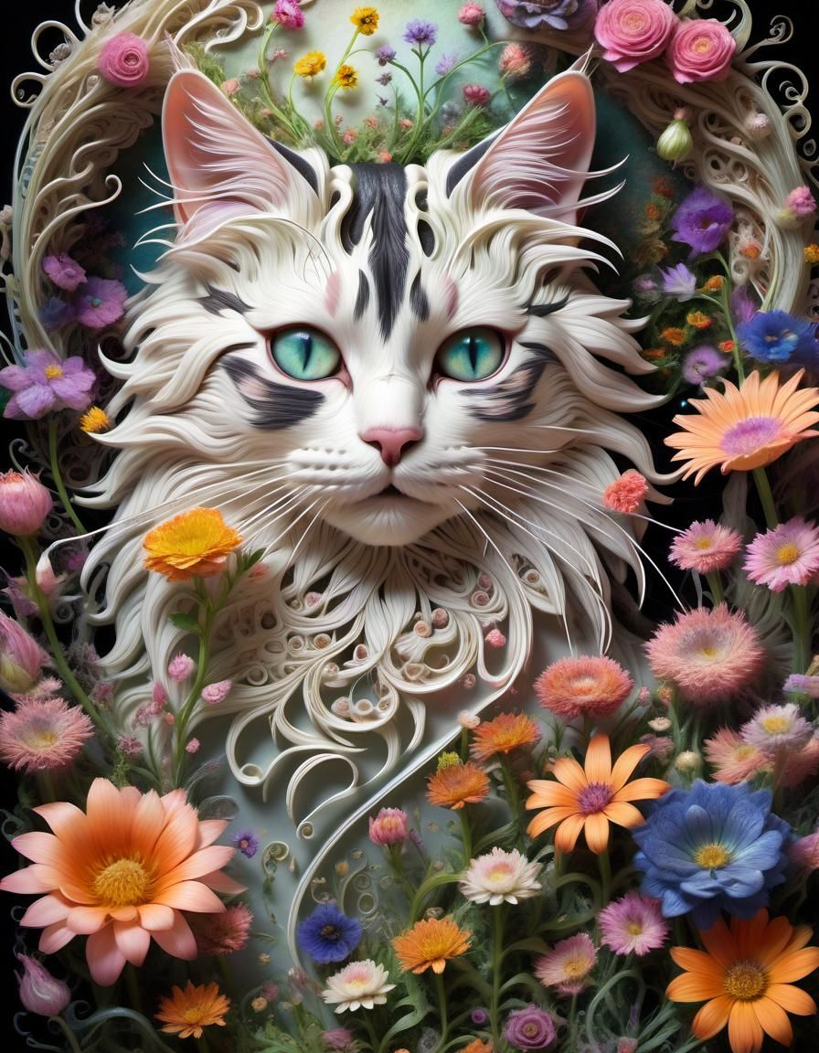 Elaborate Flowerscape Reflected in Cat's Eye