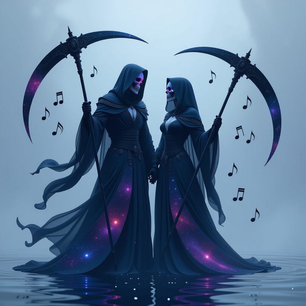 Cosmic Reaper Couple Dancing in Nebula Void