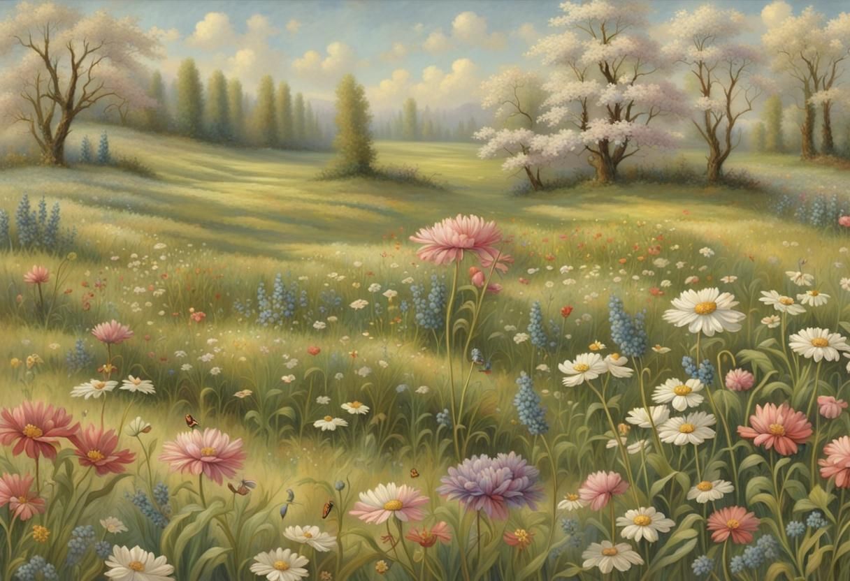 Painterly Spring Meadow in 1800s Style