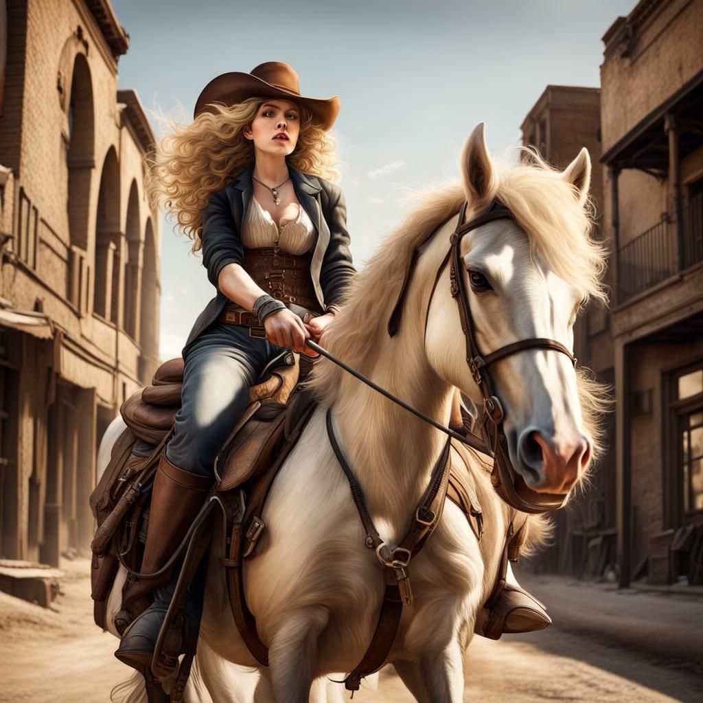 Outlaw Woman on Horseback in Old West Town