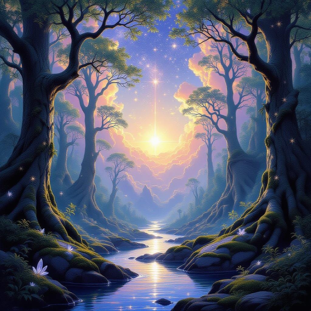 Ethereal Crystal Forest Under Violet and Gold Sky