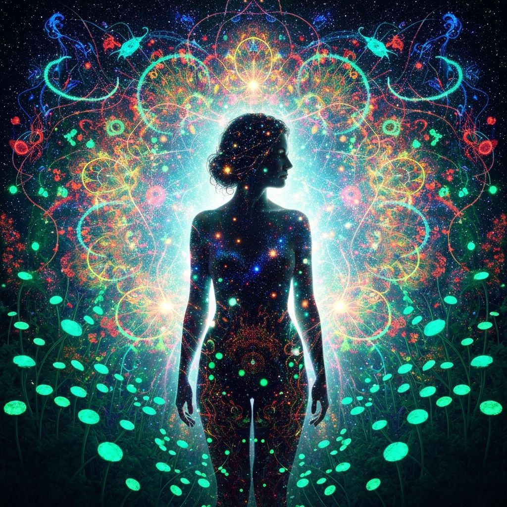 Woman in Surreal Eco-Garden with Cosmic Aura