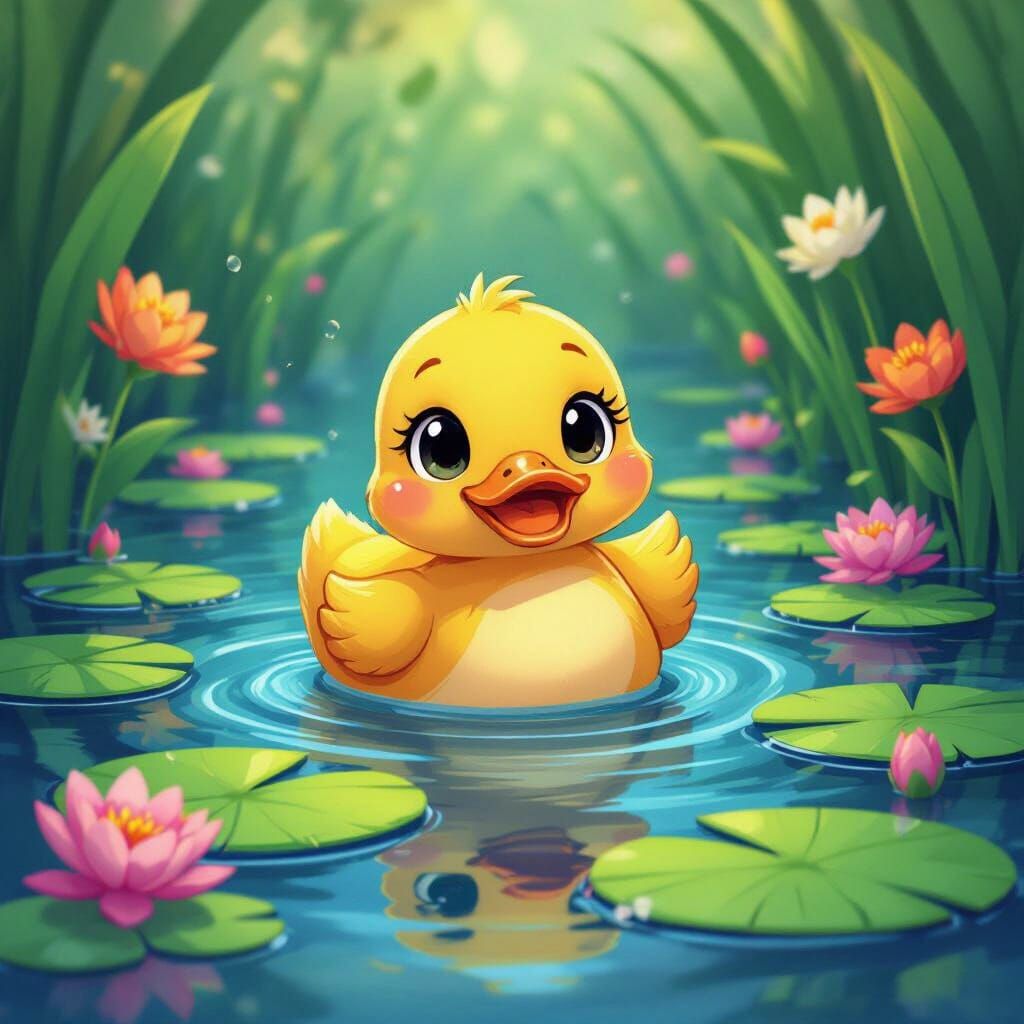 Cute Cartoon Duck Swimming in Pond, Manga Style