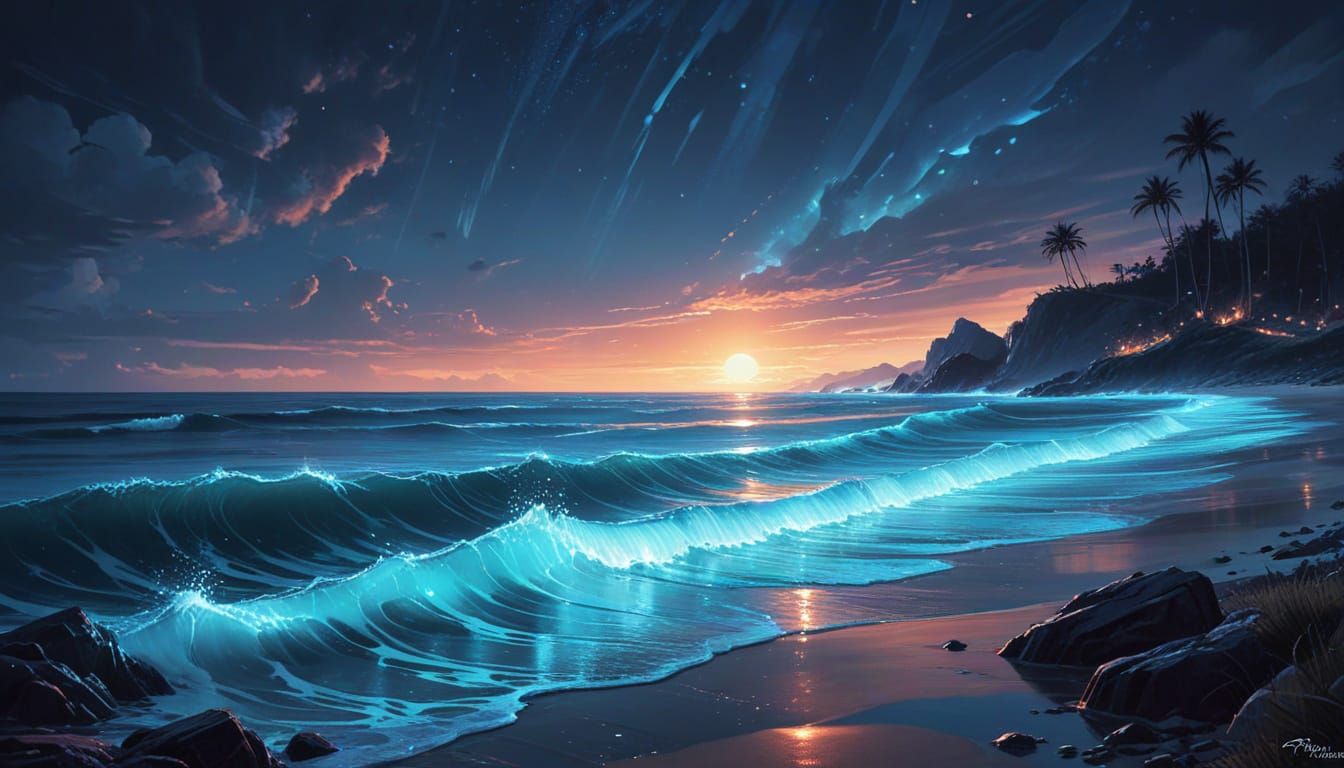 Bioluminescent Waves at Shoreline, Digital Illustration