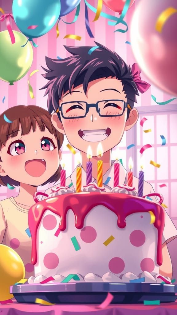 Pastel Birthday Celebration in Anime Style
