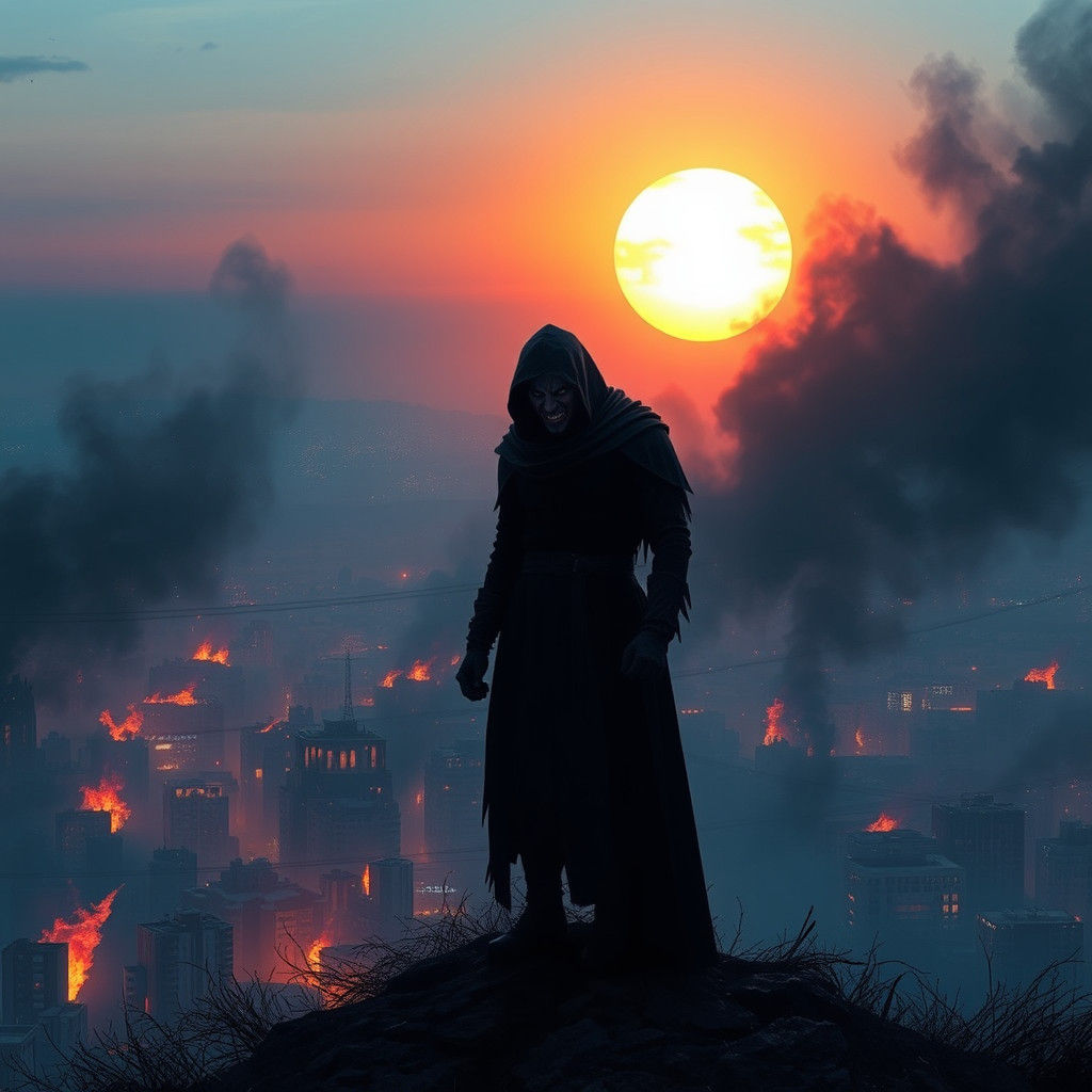 Ominous Figure Overlooks Burning Cityscape at Dusk