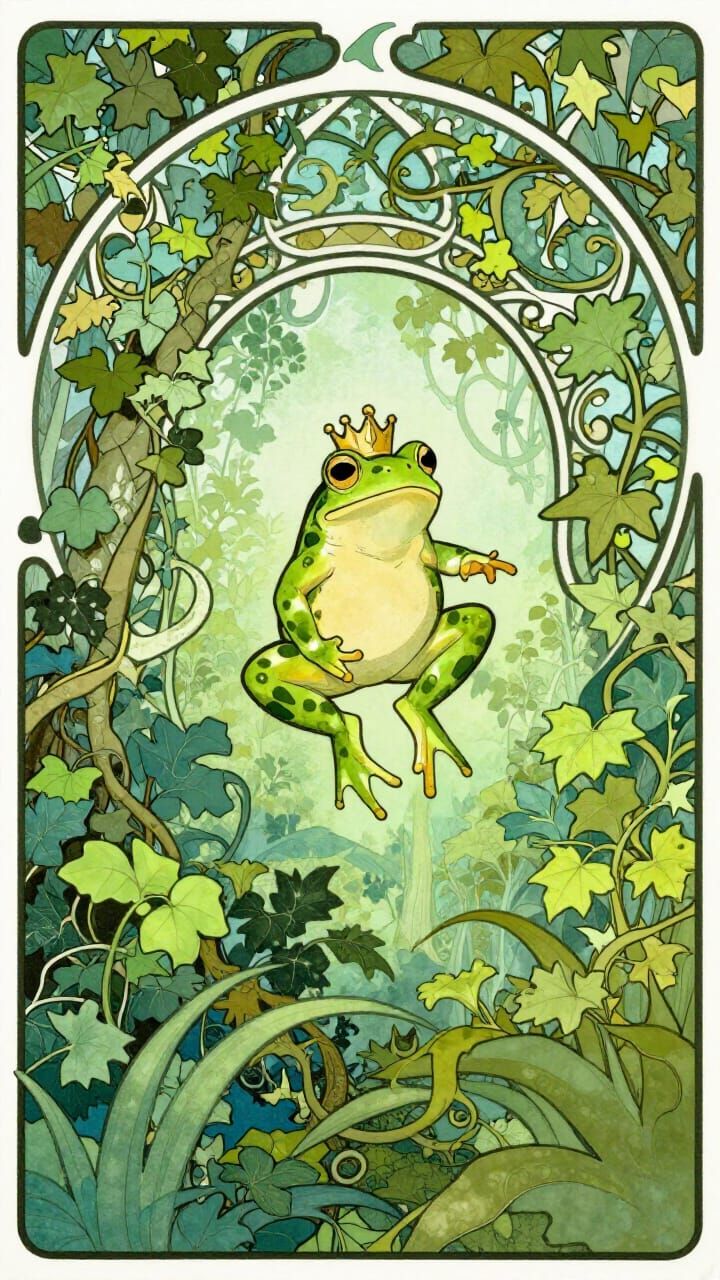 Art Nouveau Frog Princess Transformation in Dreamy Jungle