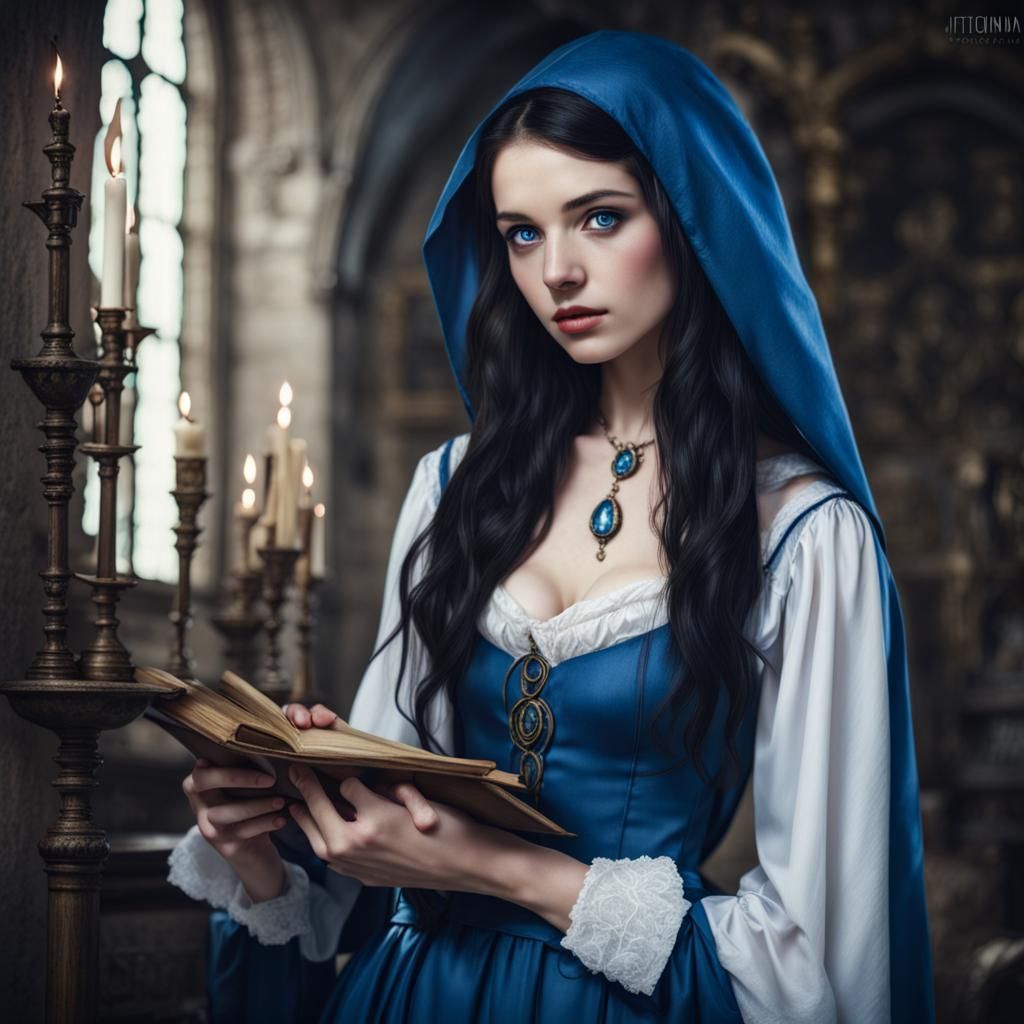Young Sorceress in Blue Robe, Victorian Medieval Style