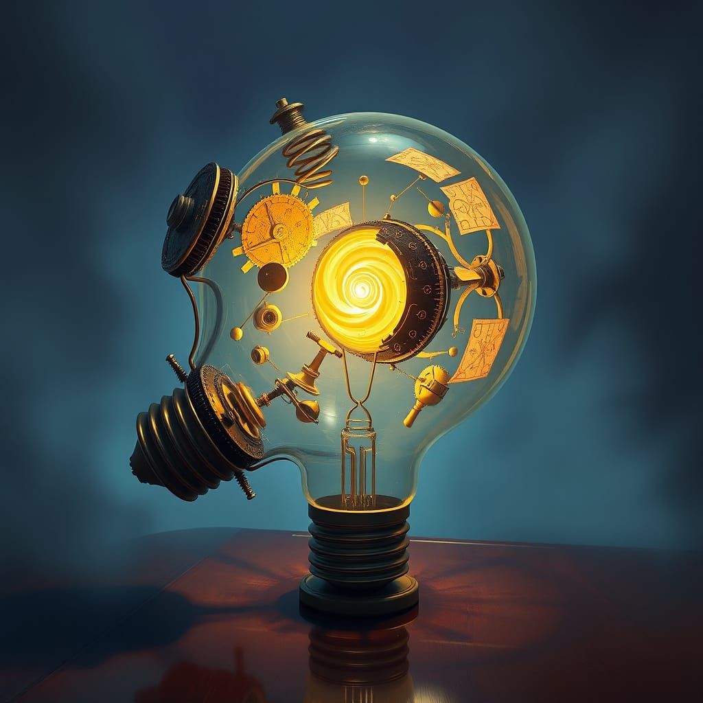 Fractured Clockwork Light Bulb with Golden Vortex