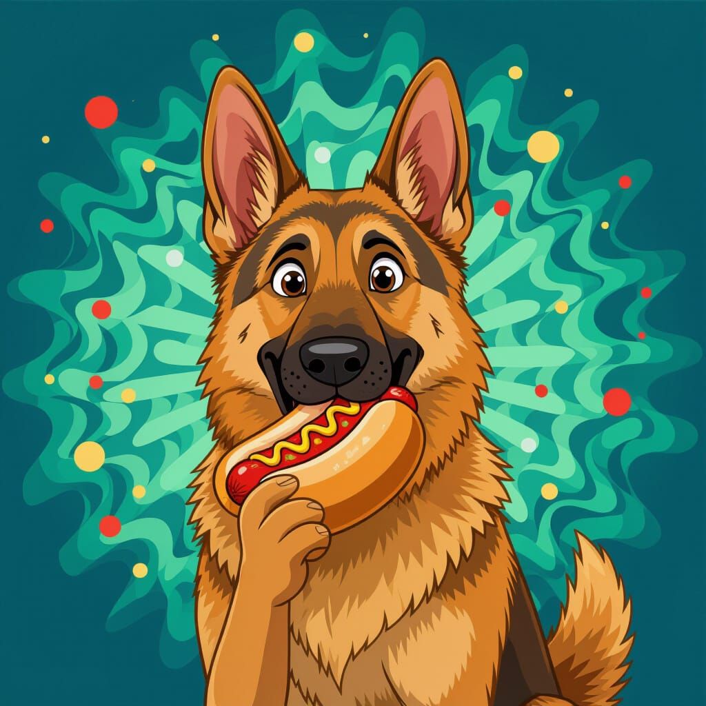 Anthropomorphic German Shepherd Enjoys a Hot Dog in 2D Anima...
