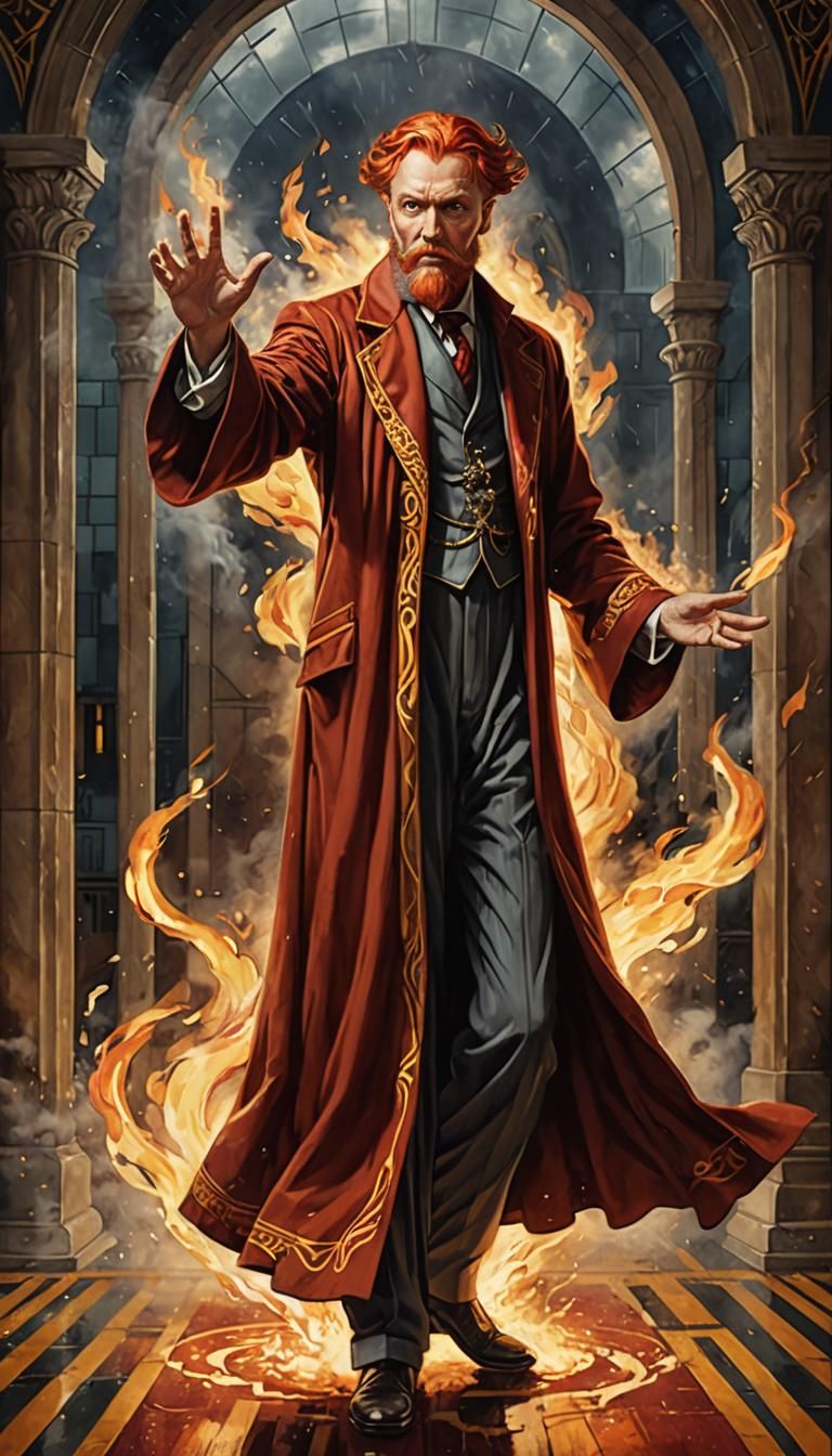 Magician Portrait with Flames in Art Deco Style