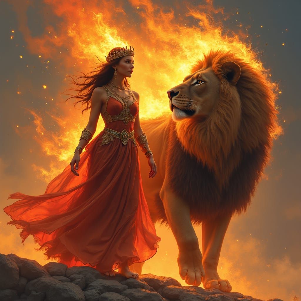 Fiery Goddess Empowered by Majestic Lion in Vibrant Digital ...
