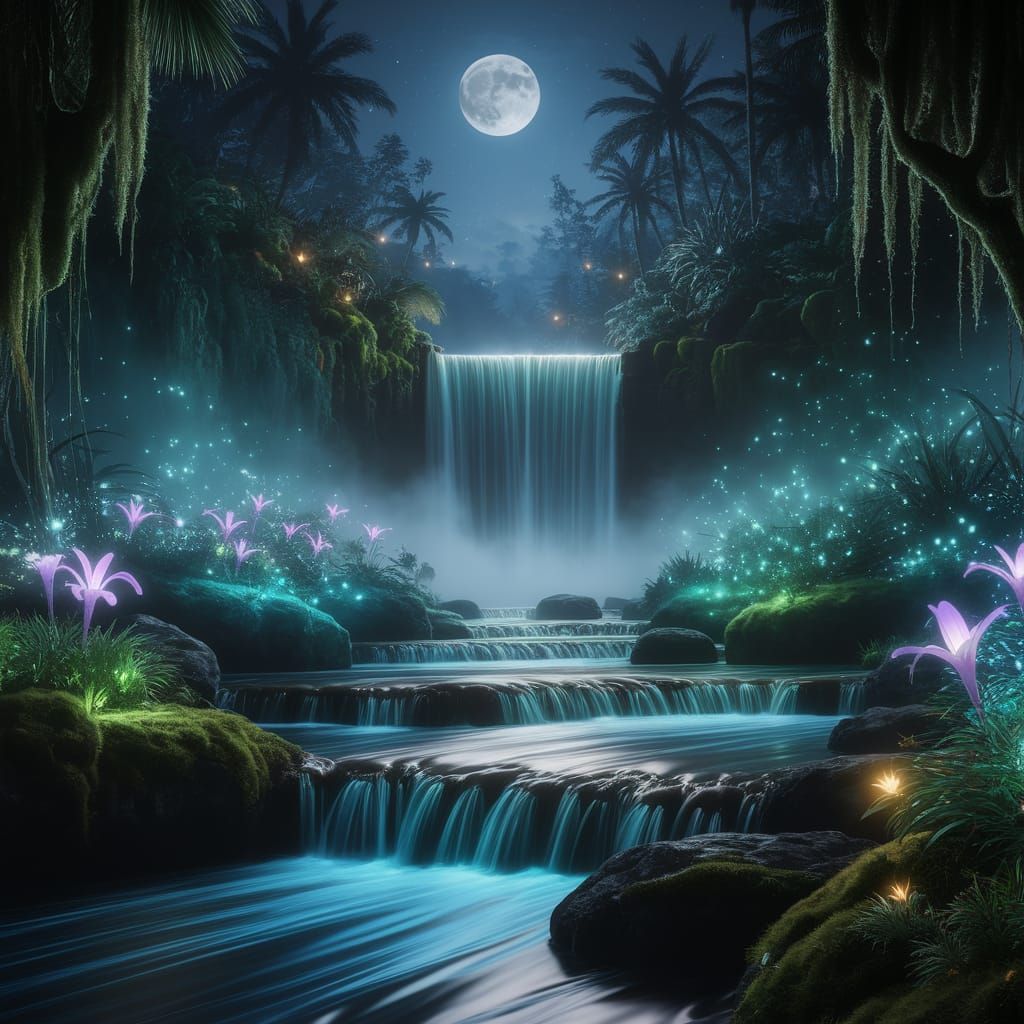 Bioluminescent Jungle Waterfall Under Full Moon