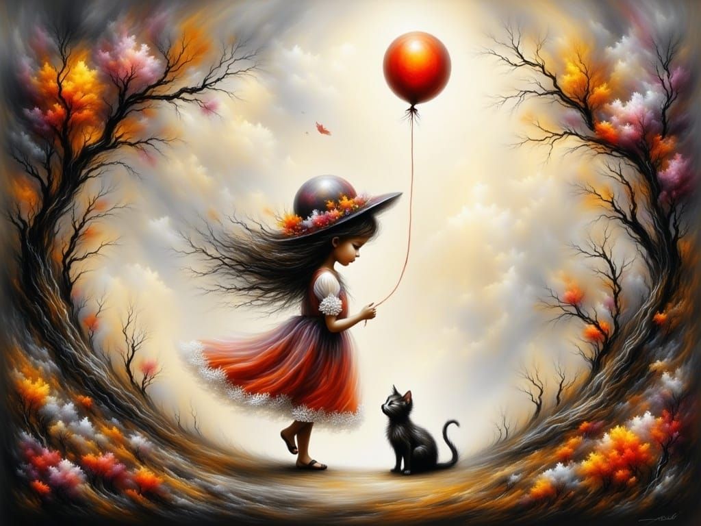Whimsical Girl and Cat in a Fantastical Floral Landscape