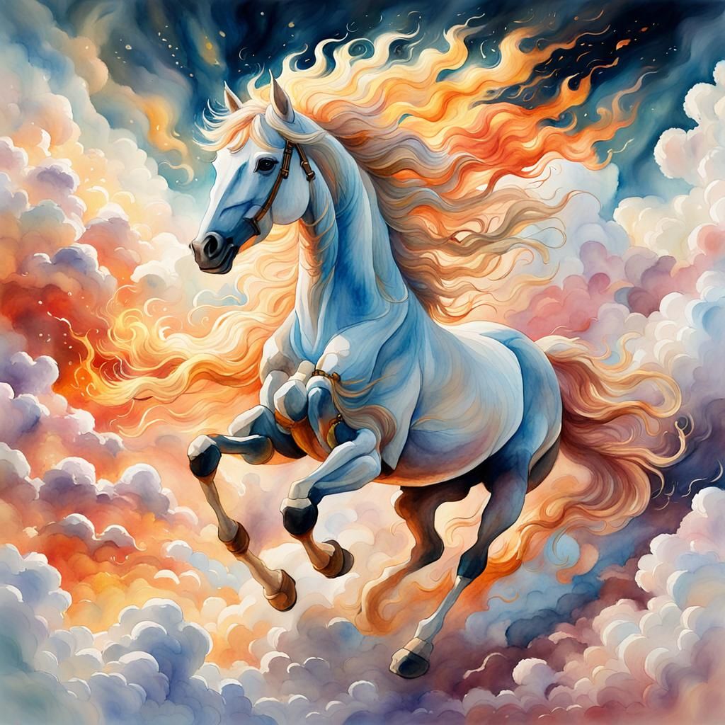 Fiery Chariot Ascends Through Clouds in Watercolor