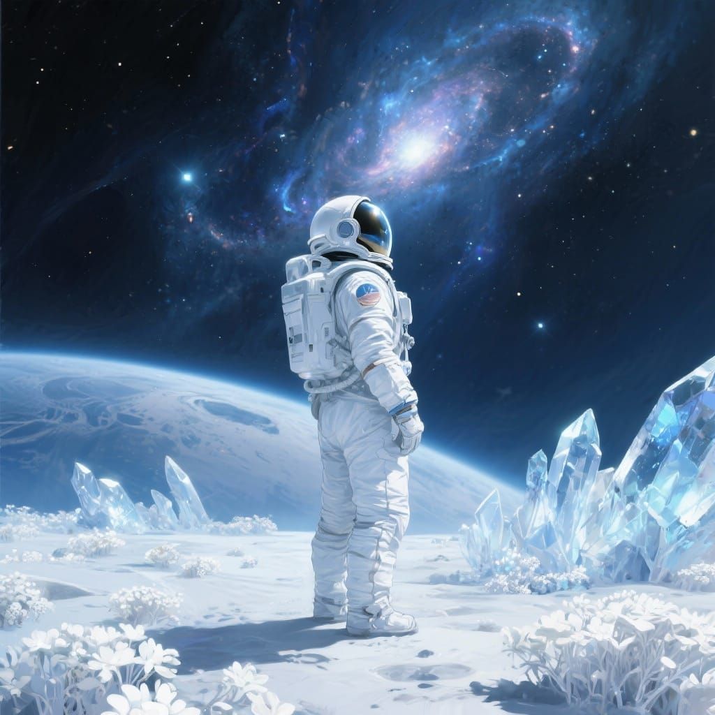 Astronaut on Alien Planet Gazing at Nebula