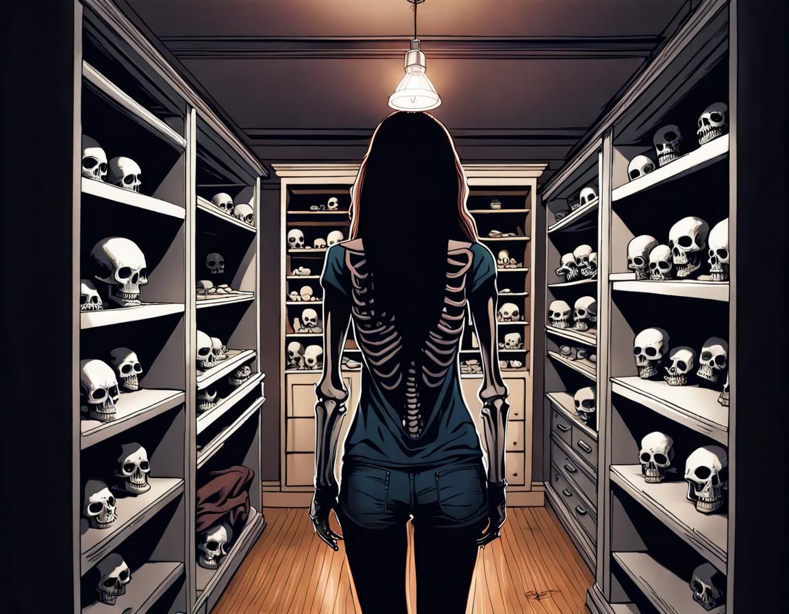 Sinister Closet: Girl and Anthropomorphic Skeleton in Chiaro...