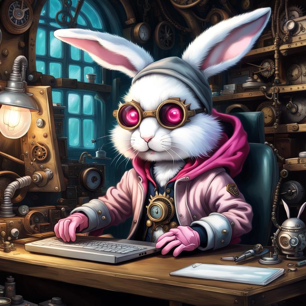 Steampunk Rabbit Quantum Hacker in Secret Hideaway