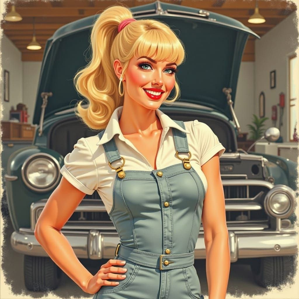 Playful Pin-Up Woman in Garage with Pickup Truck