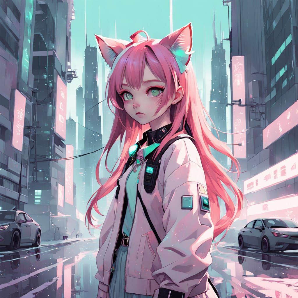 Surreal Neko Cat Girl Amidst Glitchpunk Cityscape