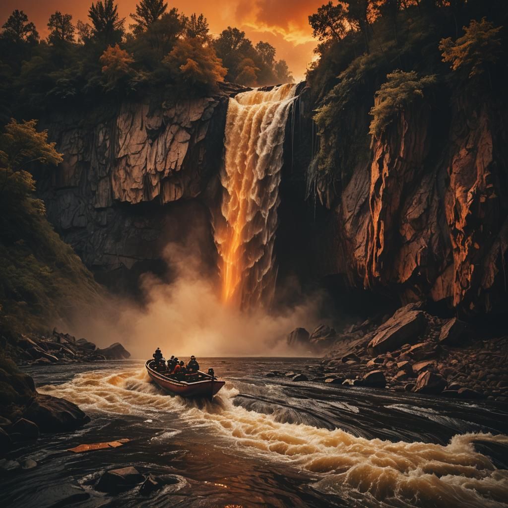 Dramatic Waterfall Descent Under Fiery Sky