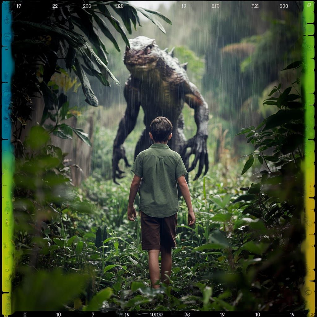 Boy and Monster in Rainy Rainforest: Cinematic Film Still