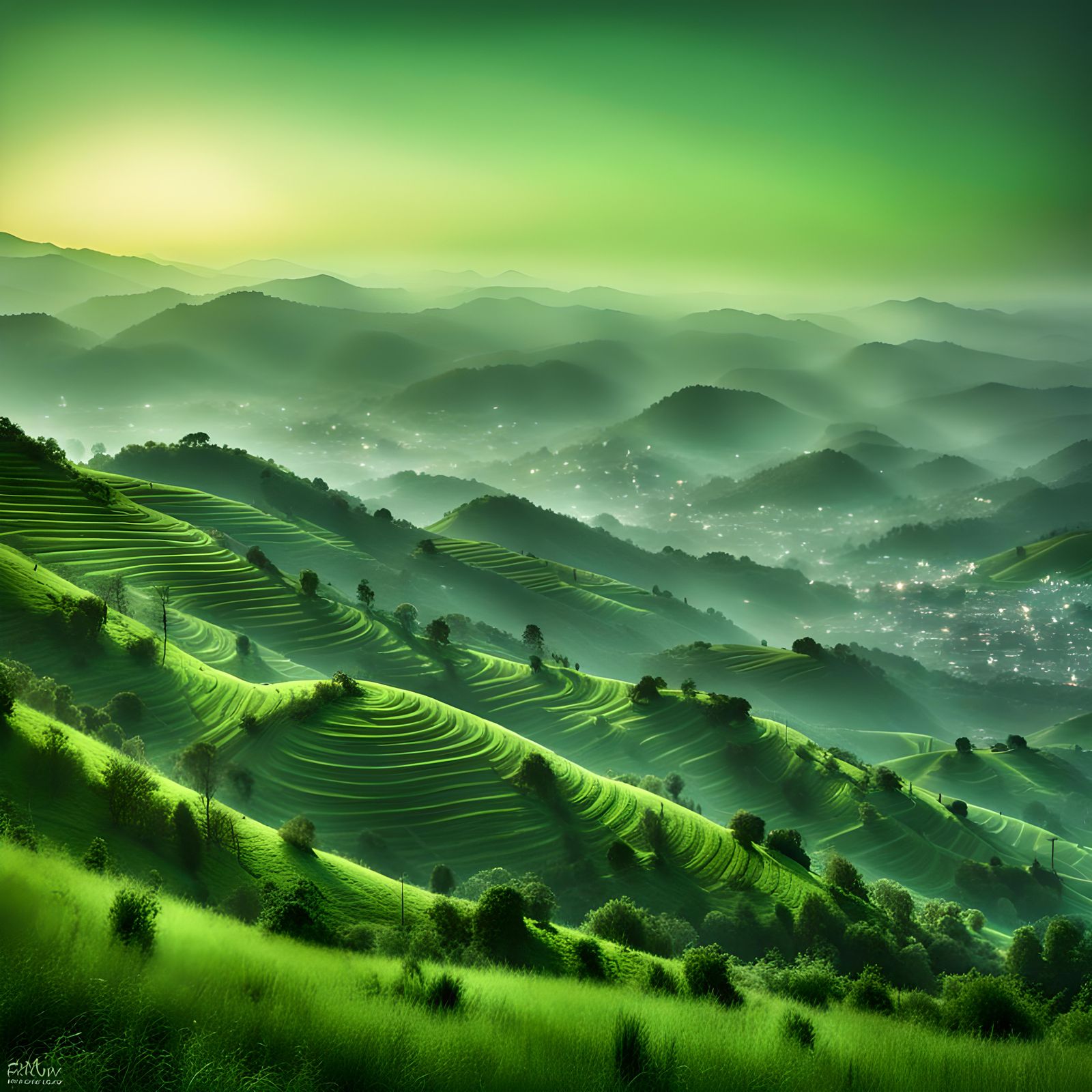 Smoggy Green Hills at Evening in HDR