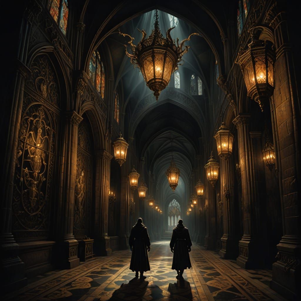 Gothic Cathedral with Serpentine Creature in Dark Fantasy St...