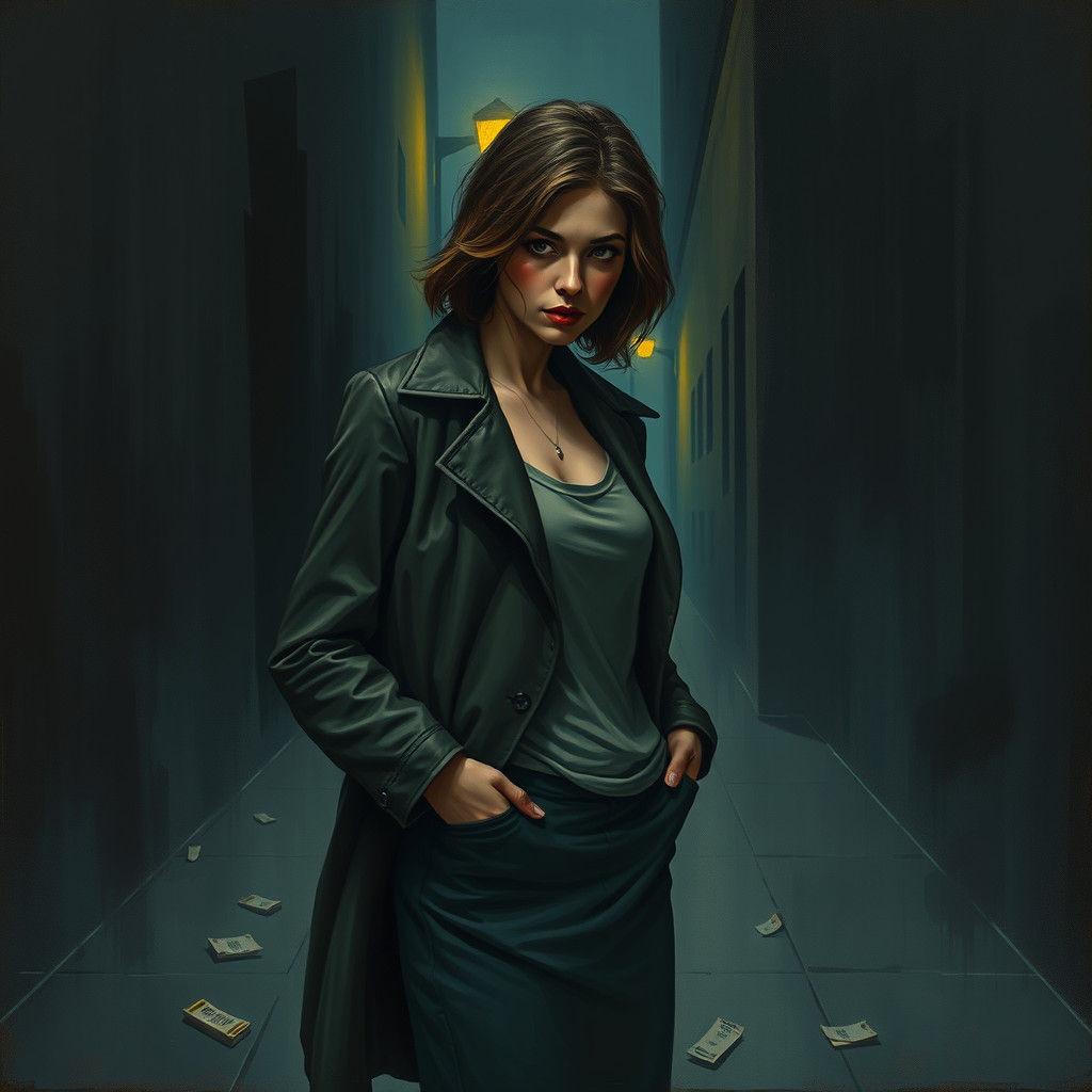 Melancholy Woman in Misty Alleyway: Expressionist Art