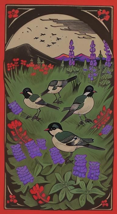 Vermont Landscape with Birds, Jose Guadalupe Posada Style