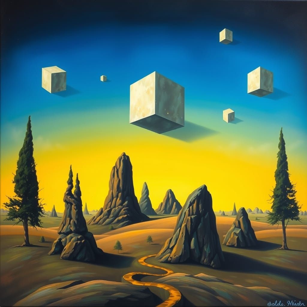 Square-Shaped Surreal Landscape in Vibrant, Electric Blues a...