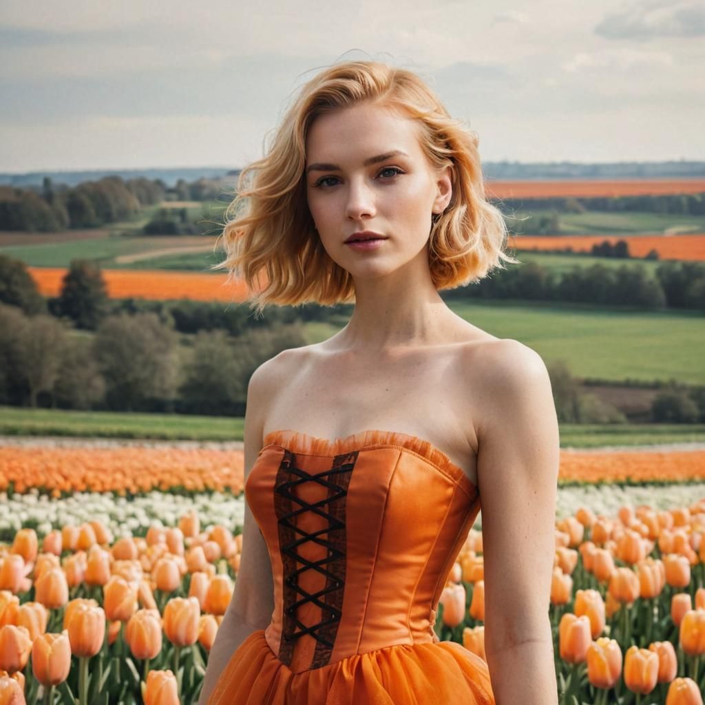 Elegant Woman in Orange Dress in Tulip Field