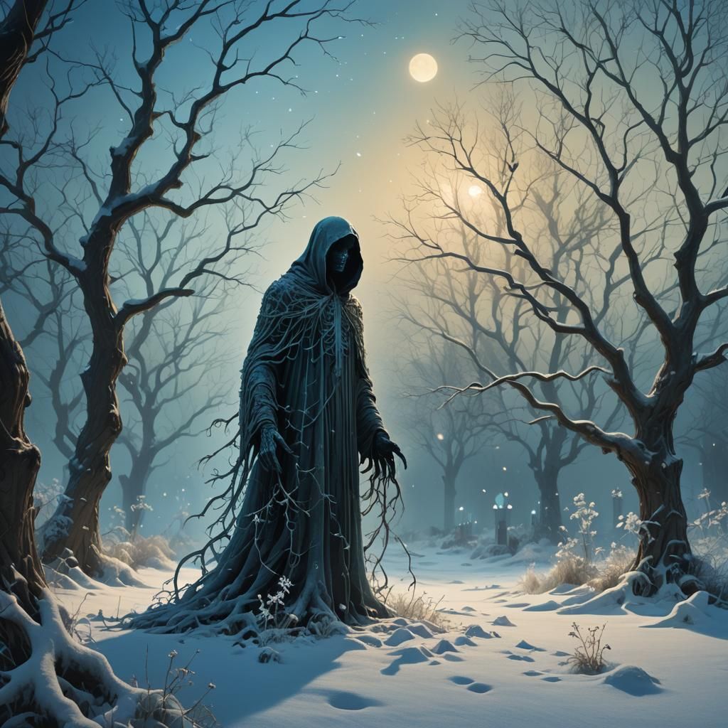 Ethereal Ghost Silhouette in Snowy Garden, Matte Painting