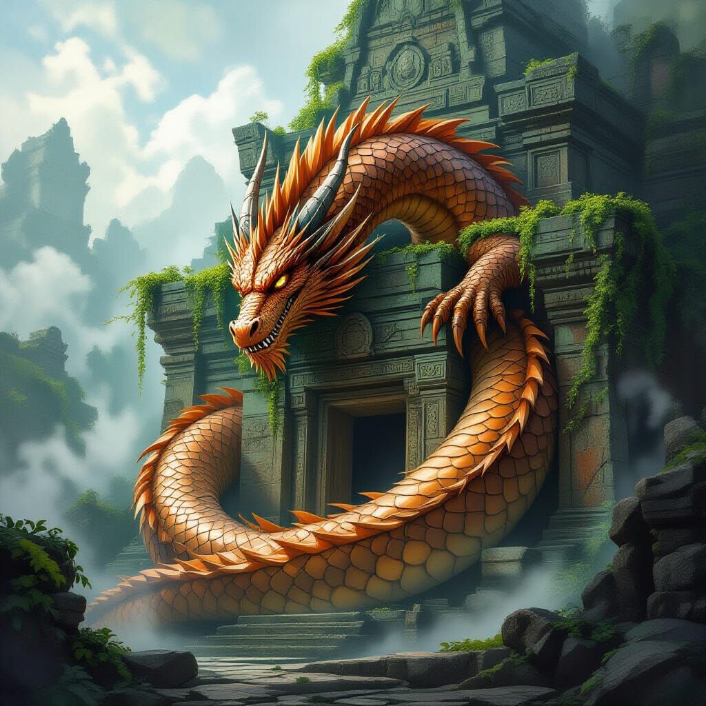 Ancient Dragon Guards Crumbling Temple in Dark Fantasy Style