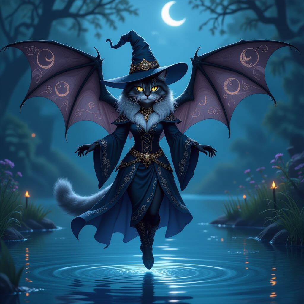 Cat Witch Over Enchanted Lake in Bat Wings and Flowing Robes