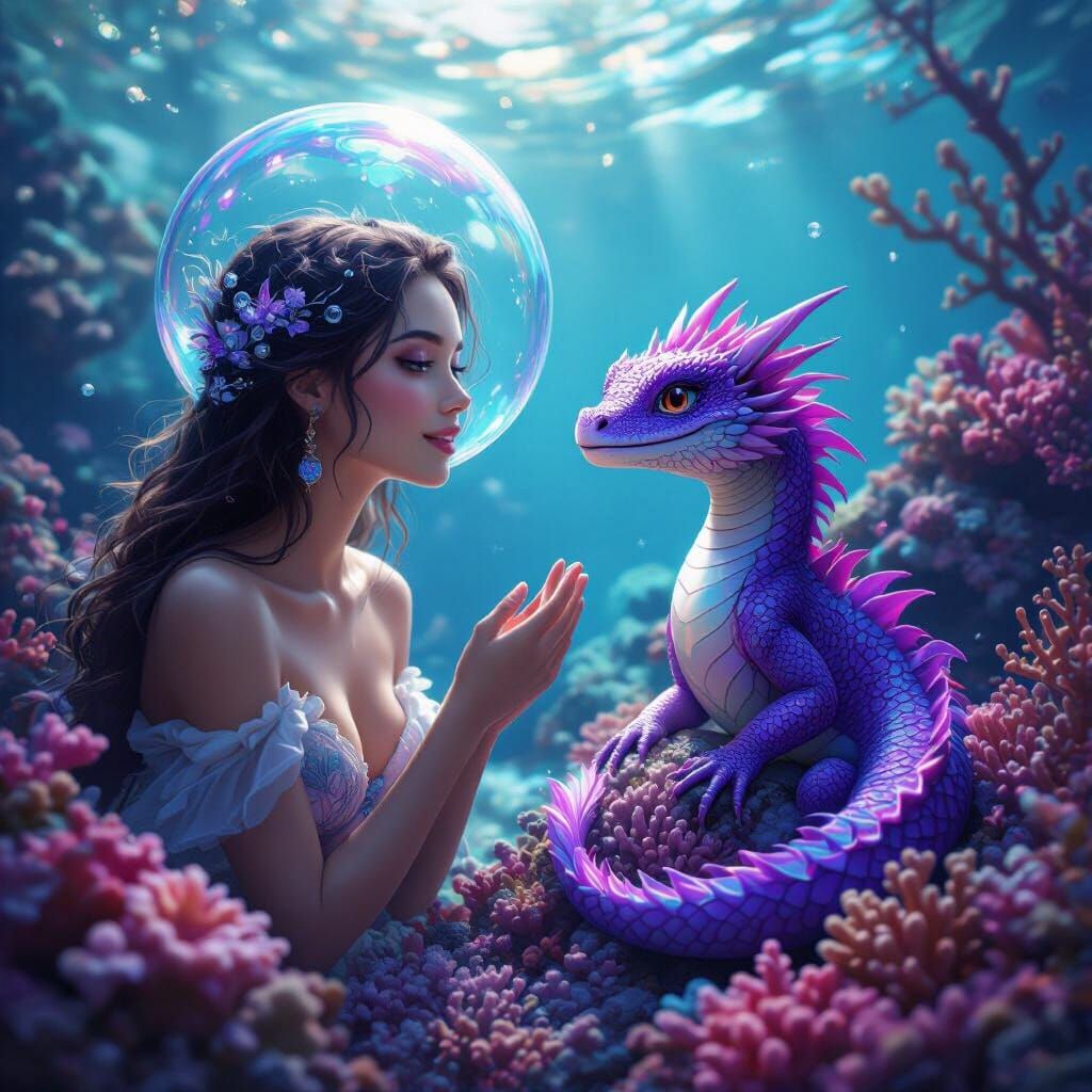 Ethereal Woman and Purple Dragon in Coral Reef