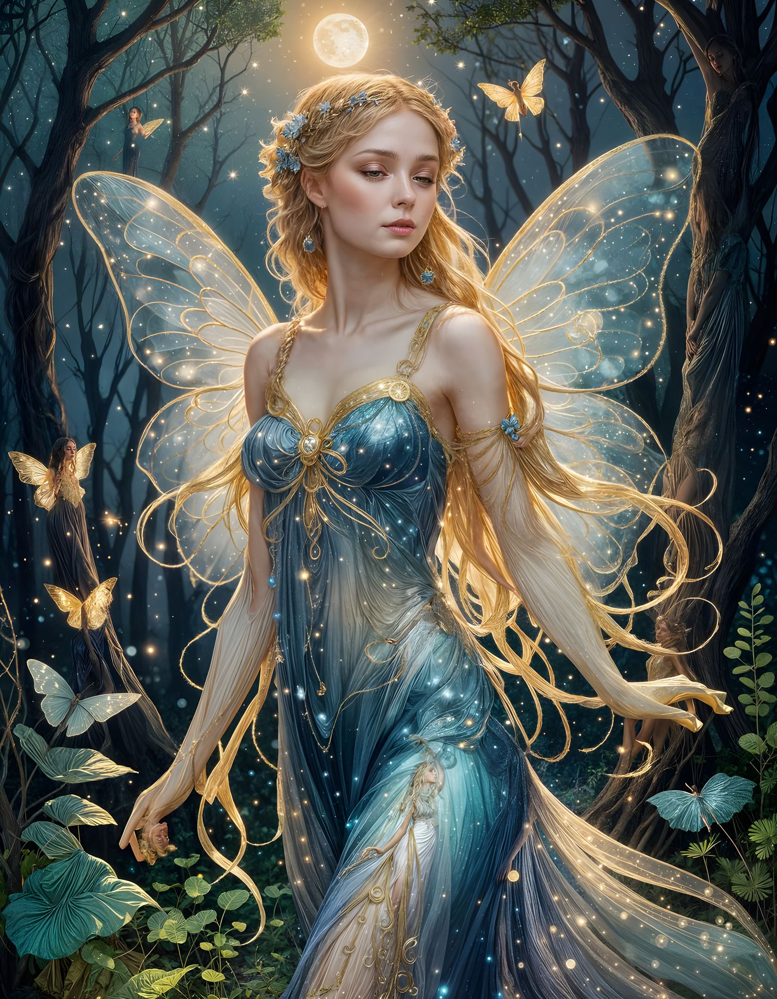 Ethereal Fairy Dancing in Moonlight with Golden Braids