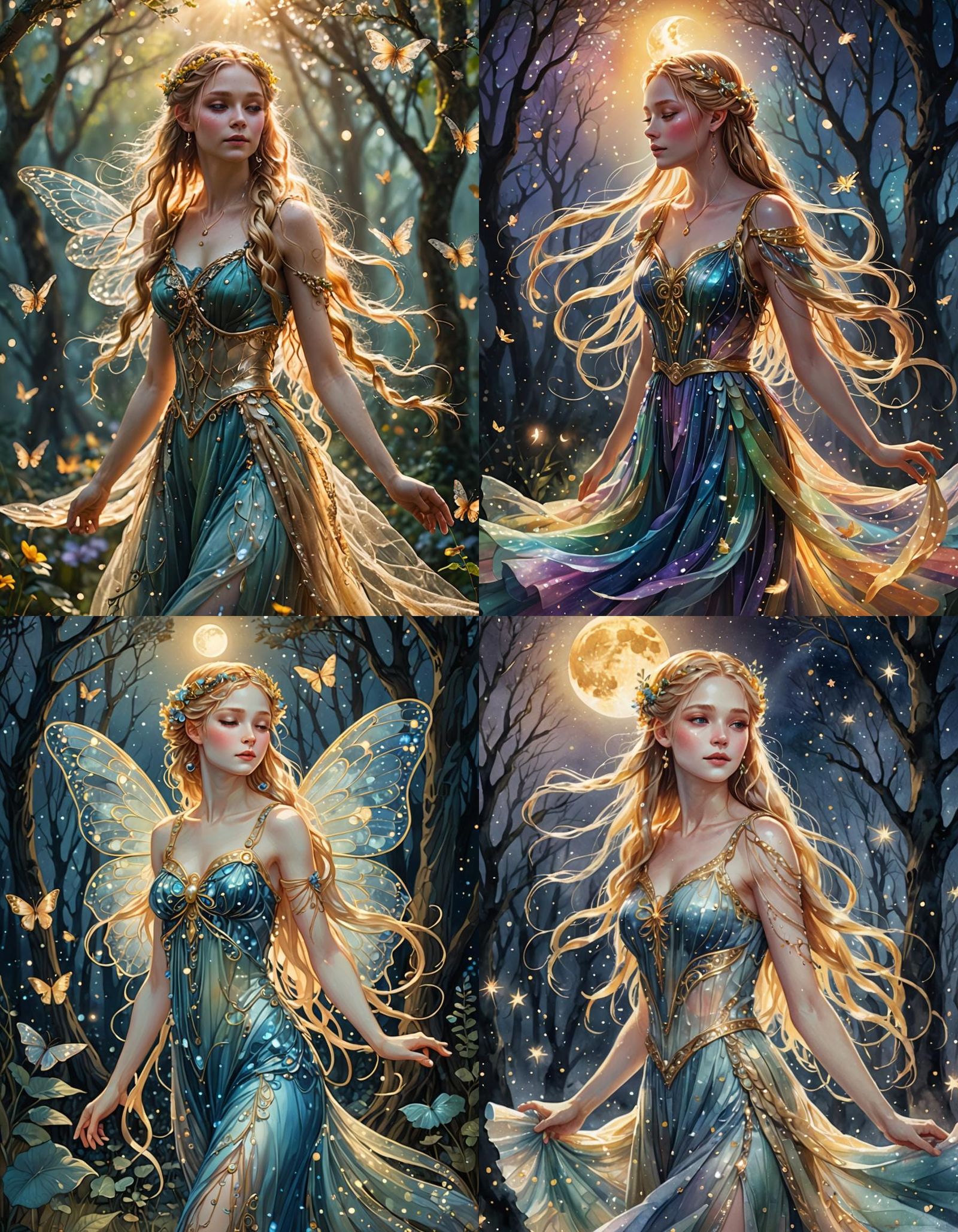Ethereal Fairy Dancing in Moonlight with Golden Braids